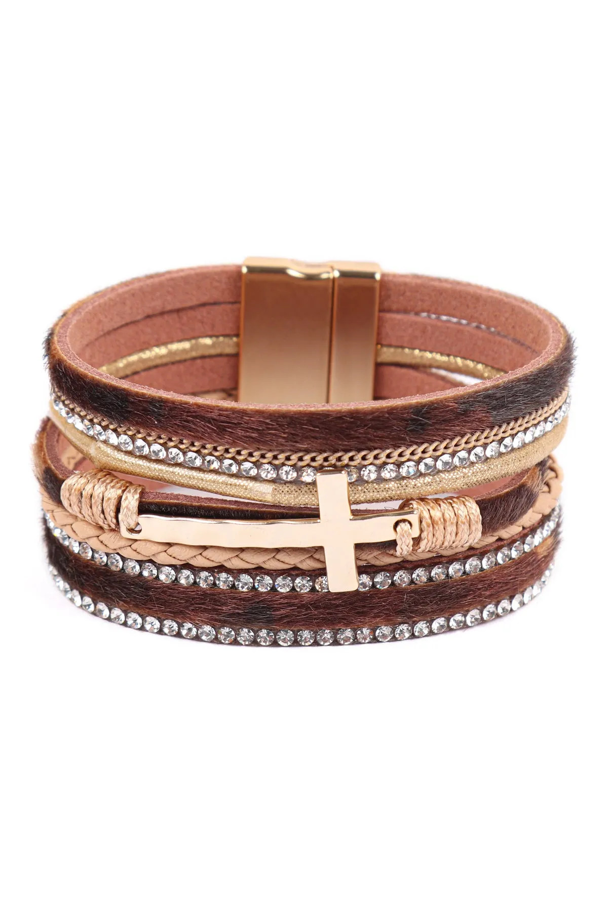 HDB3468 - LEOPARD PRINT LEATHER WRAP MAGNETIC LOCK W/ CROSS BRACELET