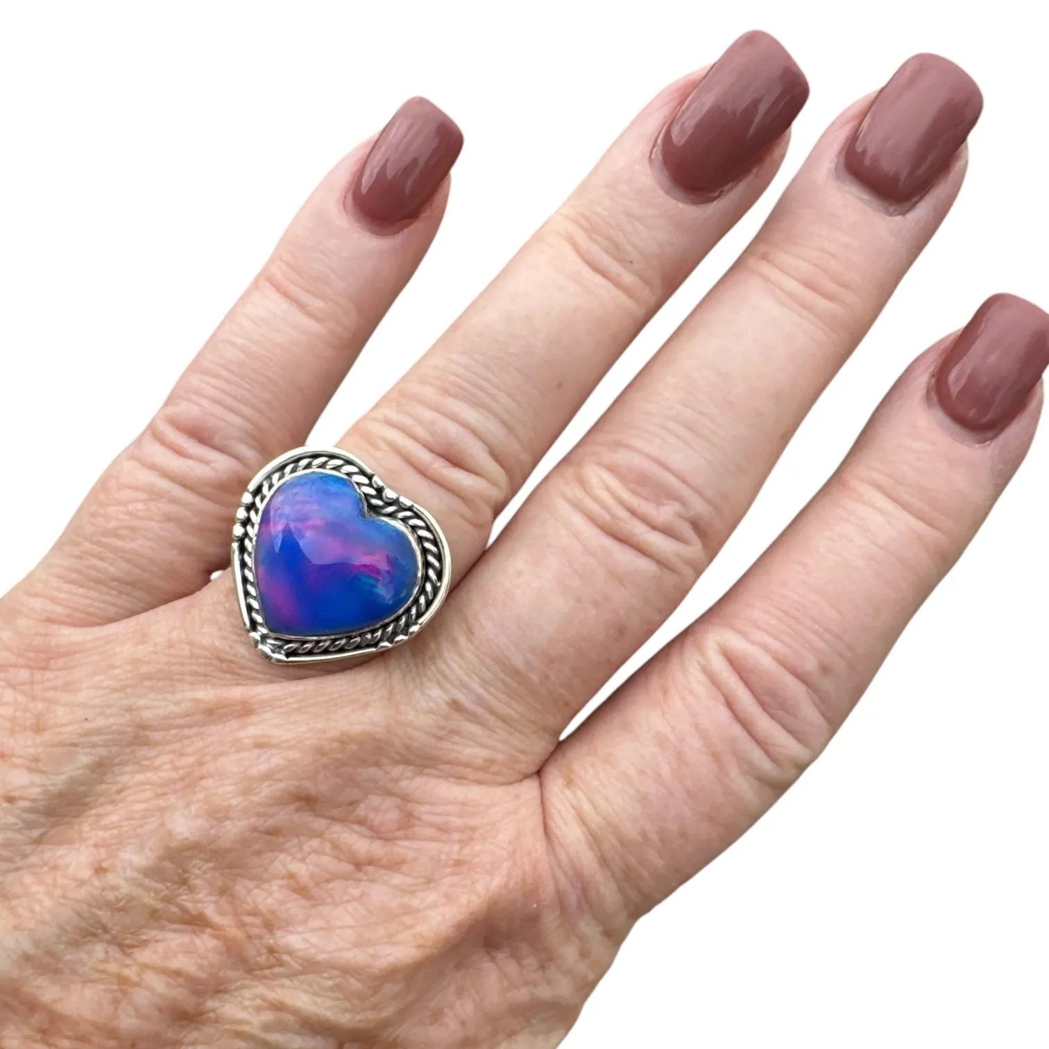 HEART Aurora Opal Solid 925 Sterling Silver Ring 7