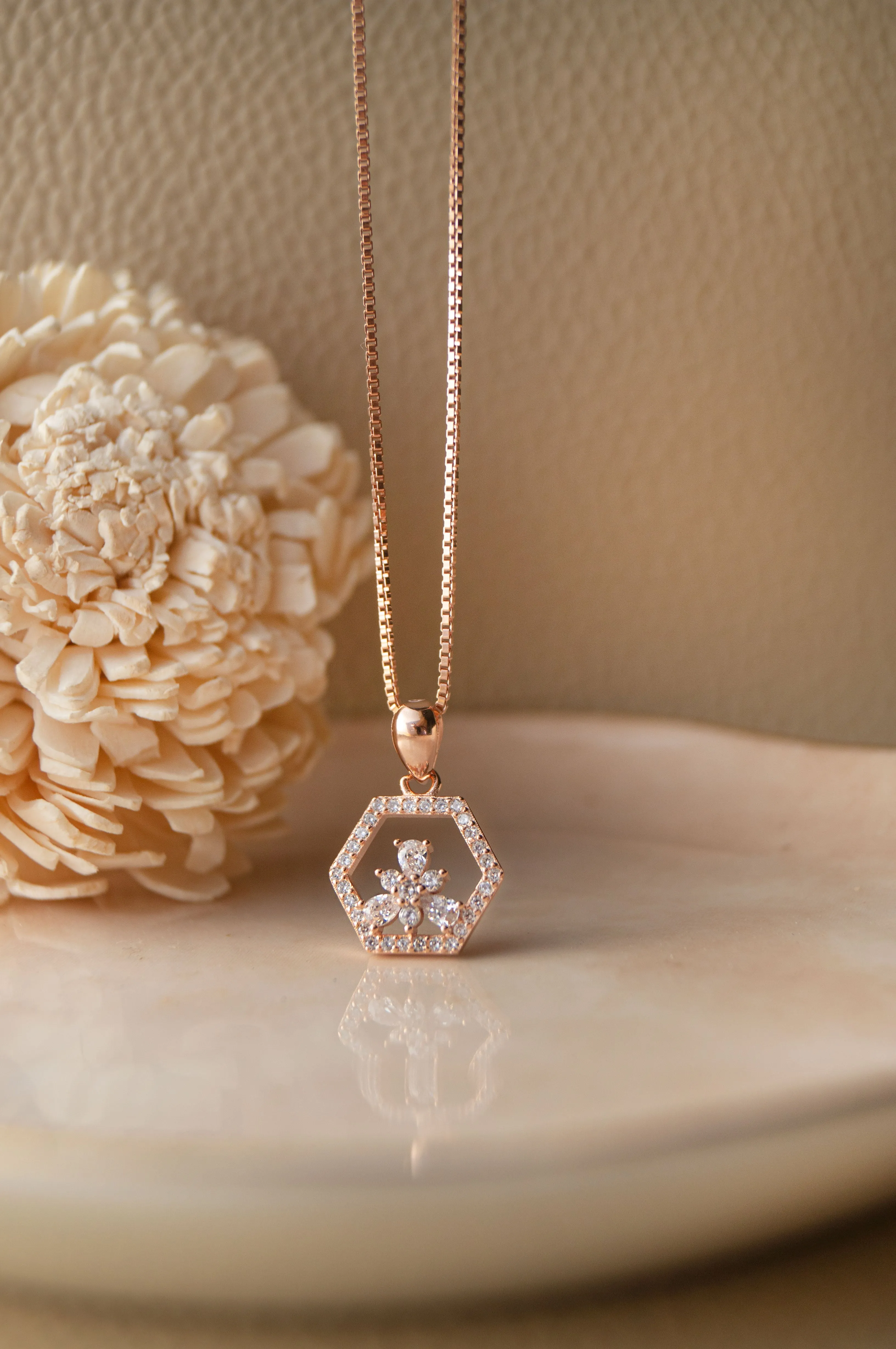 Hexagon With A Flower Sterling Silver Pendant Set