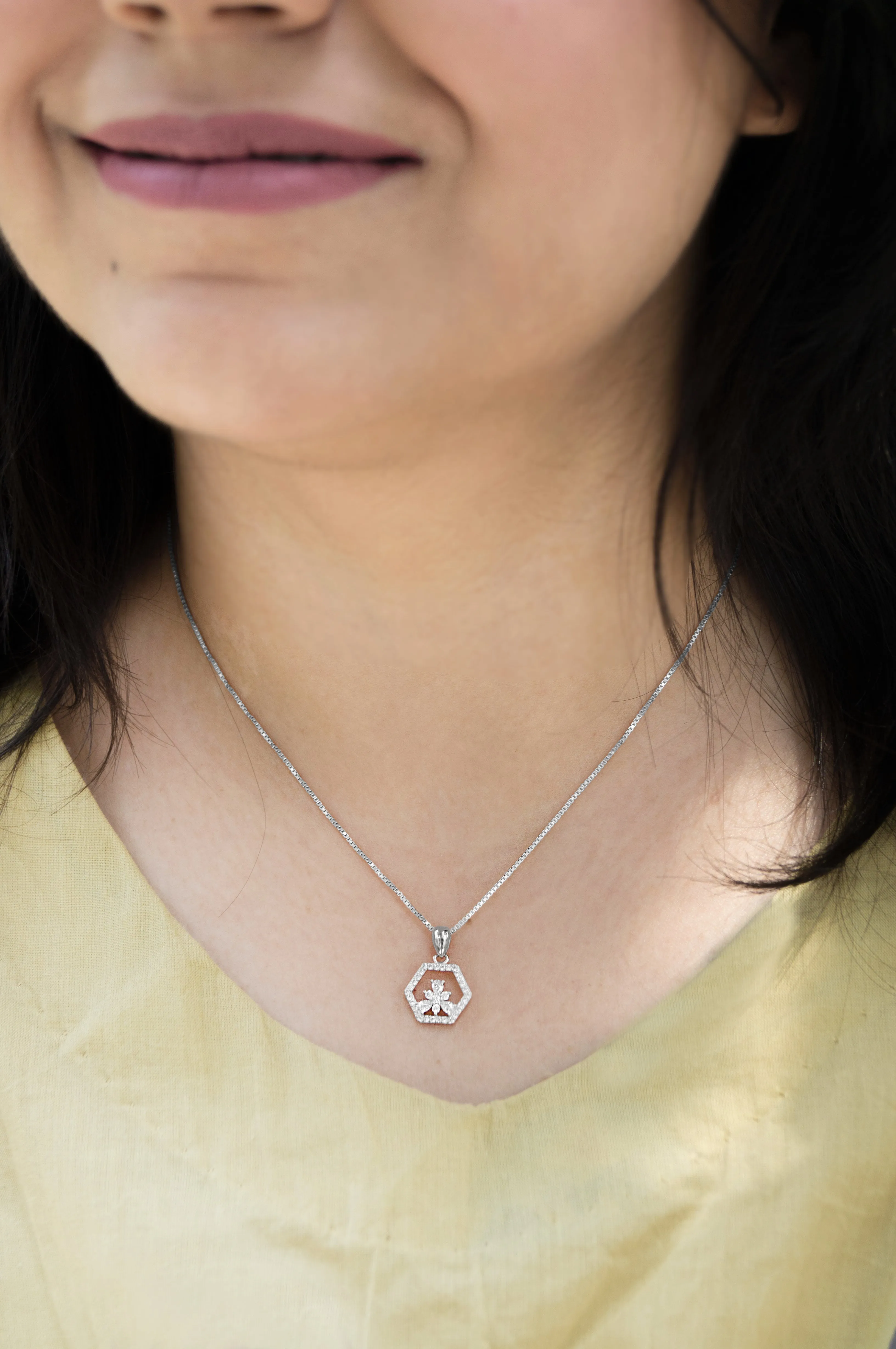 Hexagon With A Flower Sterling Silver Pendant Set