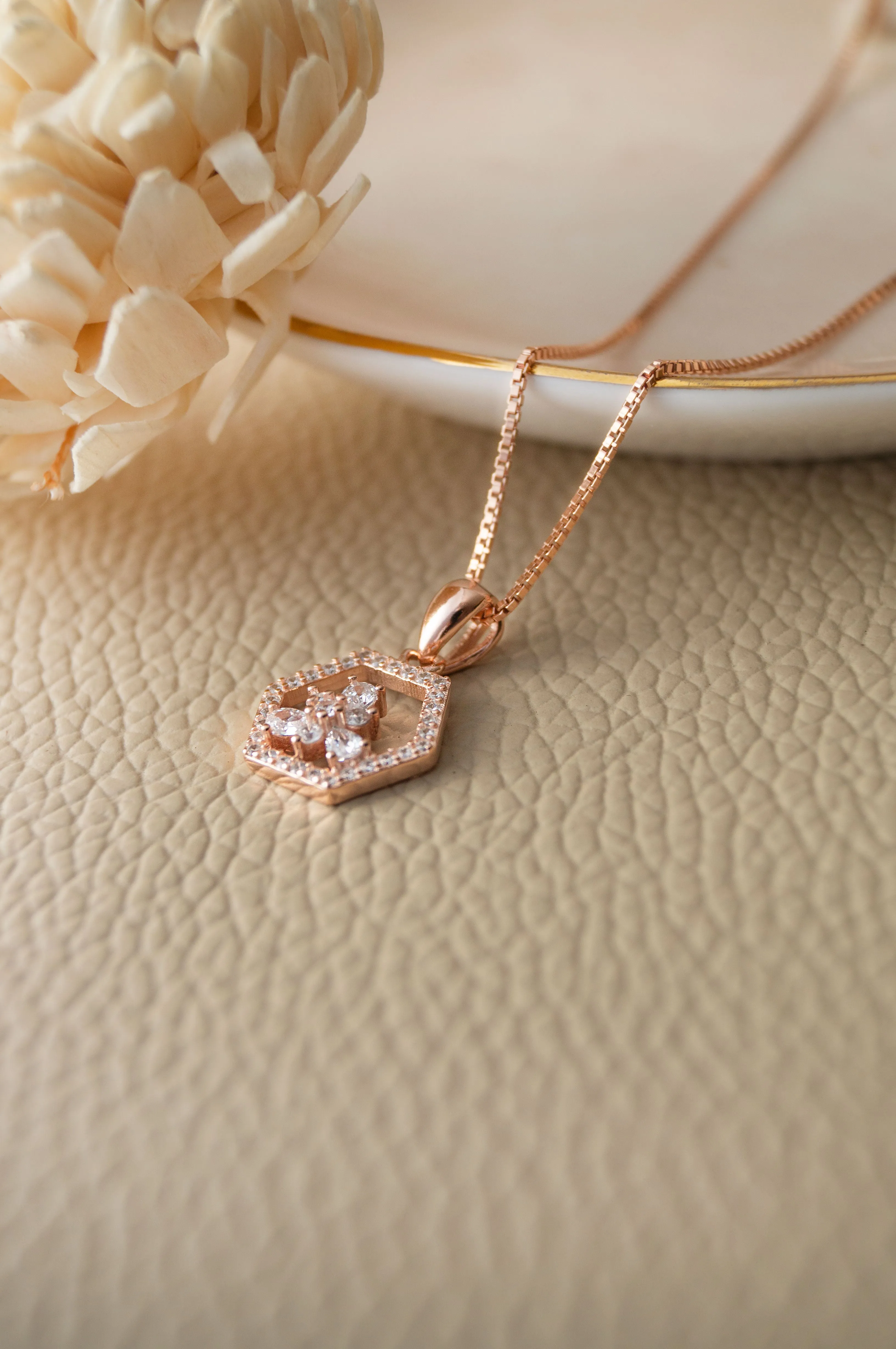Hexagon With A Flower Sterling Silver Pendant Set
