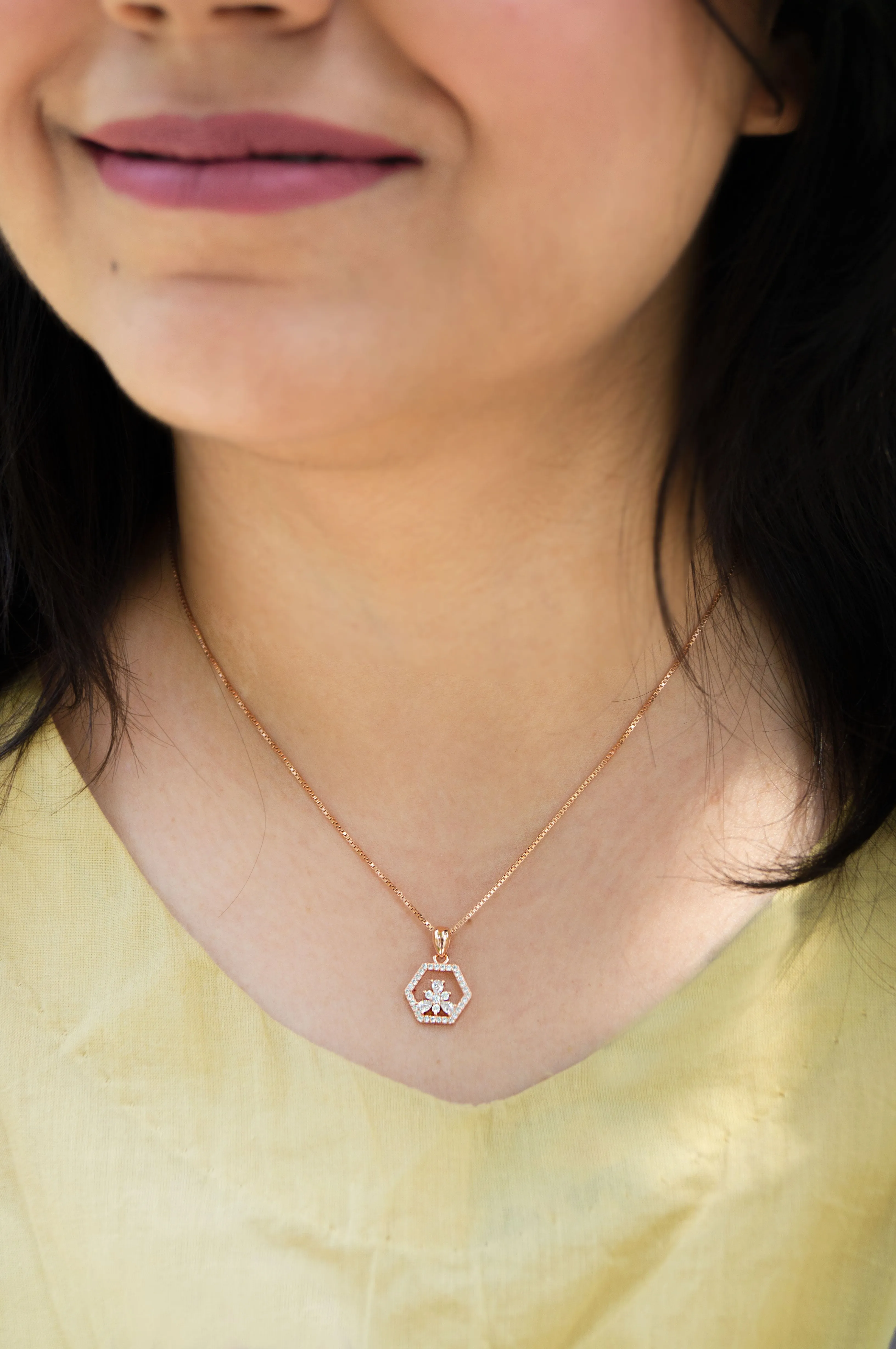 Hexagon With A Flower Sterling Silver Pendant Set
