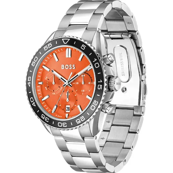 Hugo Boss Runner Silver Stainless Steel Orange Dial Chronograph Quartz Watch for Gents - Boss 1514162