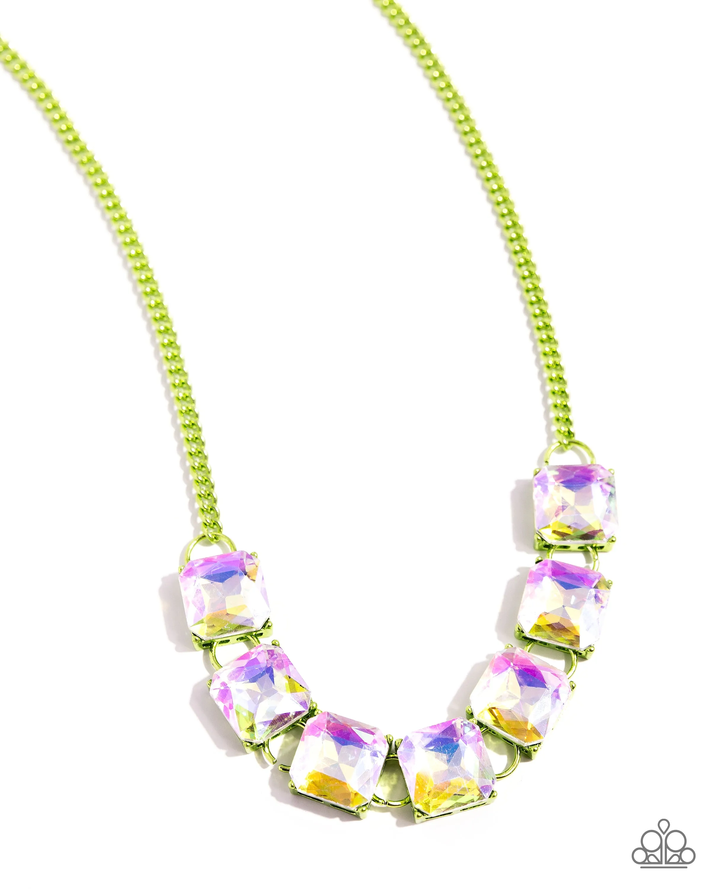 I SQUARE to Secrecy - Green - Metallic Chain Iridescent UV Radiant-Cut Gem Paparazzi Short Necklace