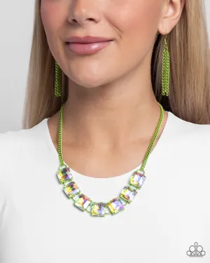 I SQUARE to Secrecy - Green - Metallic Chain Iridescent UV Radiant-Cut Gem Paparazzi Short Necklace
