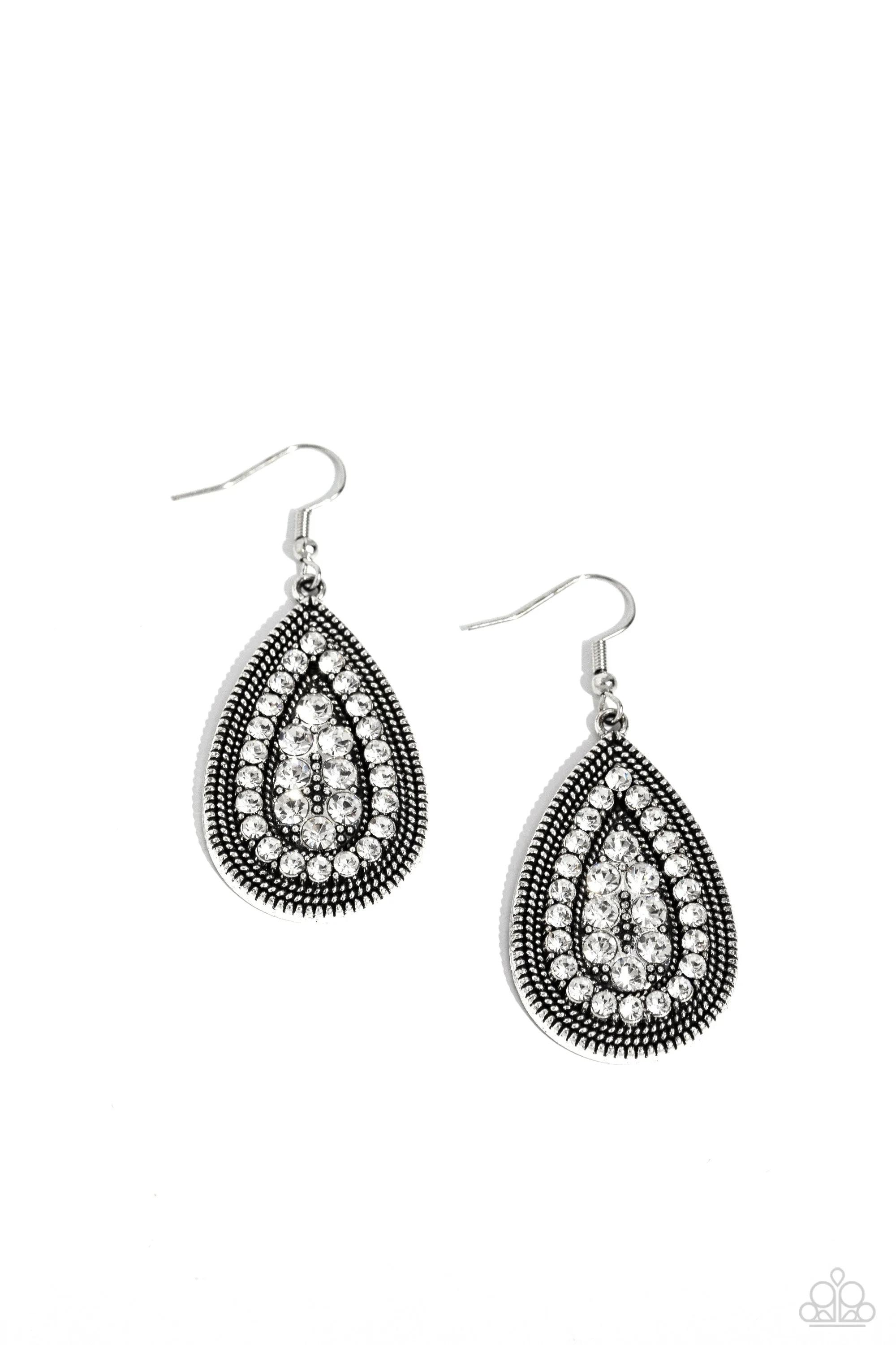 Interstellar Idol - White - Rhinestone Silver Teardrop Paparazzi Fishhook Earrings