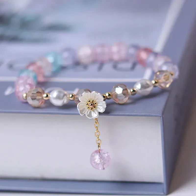Korean Colorful Crystal Beaded Bracelet for Women Bohemian Shell Daisy Flower Pendant Elastic Bracelets Party Wedding Jewelry