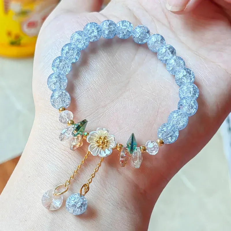 Korean Colorful Crystal Beaded Bracelet for Women Bohemian Shell Daisy Flower Pendant Elastic Bracelets Party Wedding Jewelry