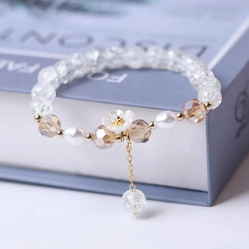 Korean Colorful Crystal Beaded Bracelet for Women Bohemian Shell Daisy Flower Pendant Elastic Bracelets Party Wedding Jewelry
