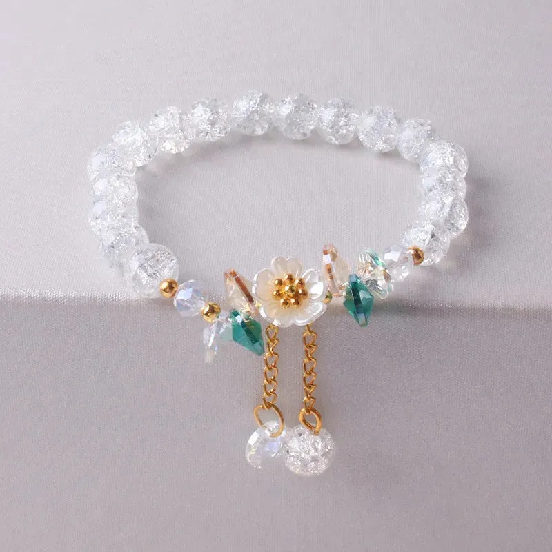 Korean Colorful Crystal Beaded Bracelet for Women Bohemian Shell Daisy Flower Pendant Elastic Bracelets Party Wedding Jewelry