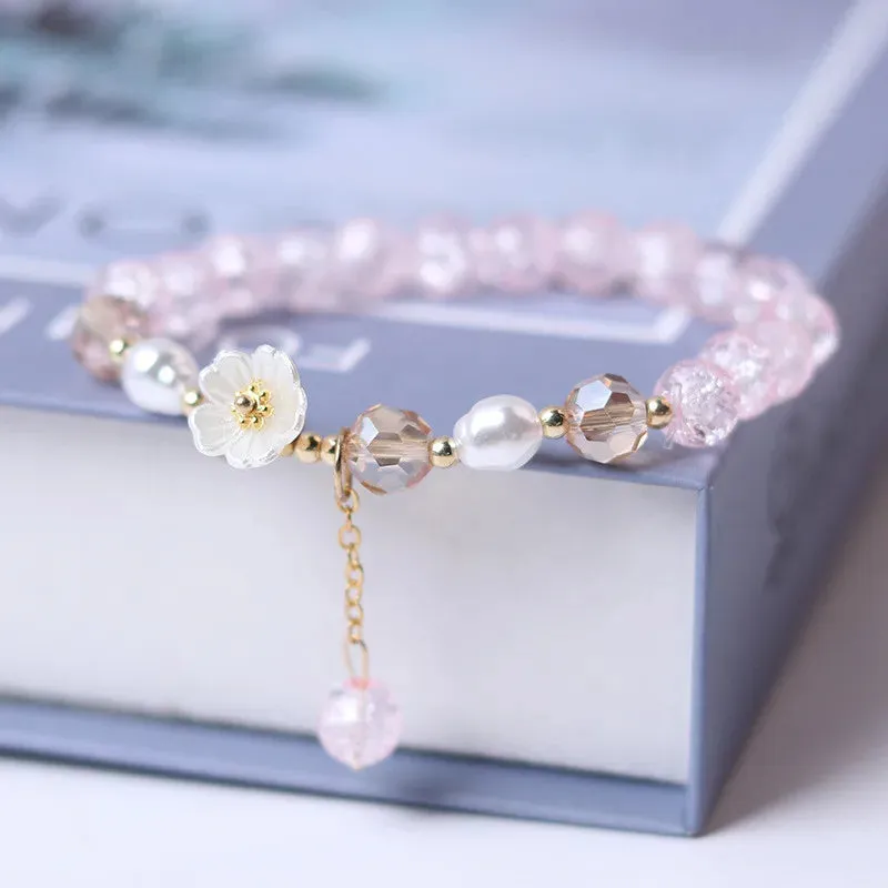 Korean Colorful Crystal Beaded Bracelet for Women Bohemian Shell Daisy Flower Pendant Elastic Bracelets Party Wedding Jewelry