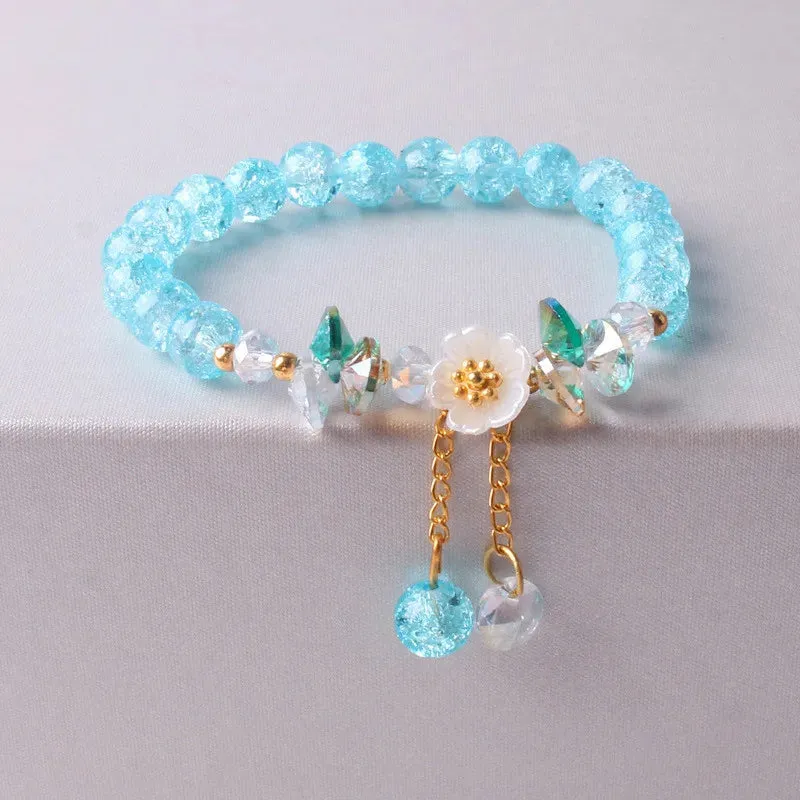 Korean Colorful Crystal Beaded Bracelet for Women Bohemian Shell Daisy Flower Pendant Elastic Bracelets Party Wedding Jewelry