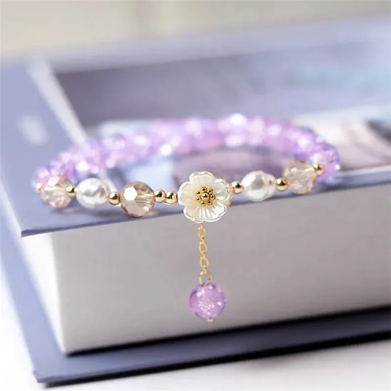 Korean Colorful Crystal Beaded Bracelet for Women Bohemian Shell Daisy Flower Pendant Elastic Bracelets Party Wedding Jewelry