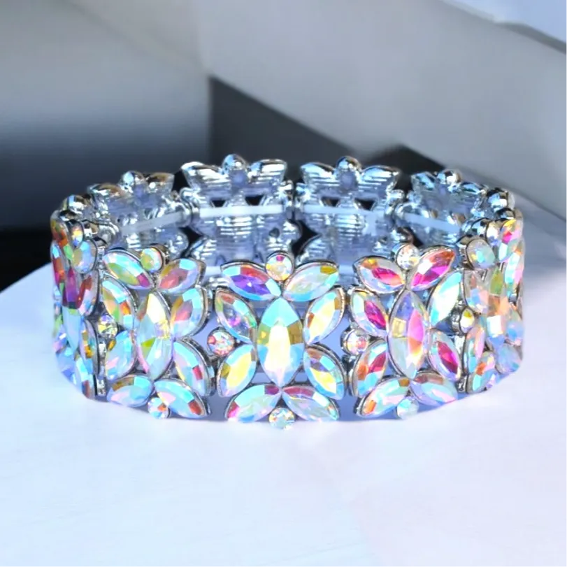 LIANNA - ab floral rhinestone stretch bracelet (silver)