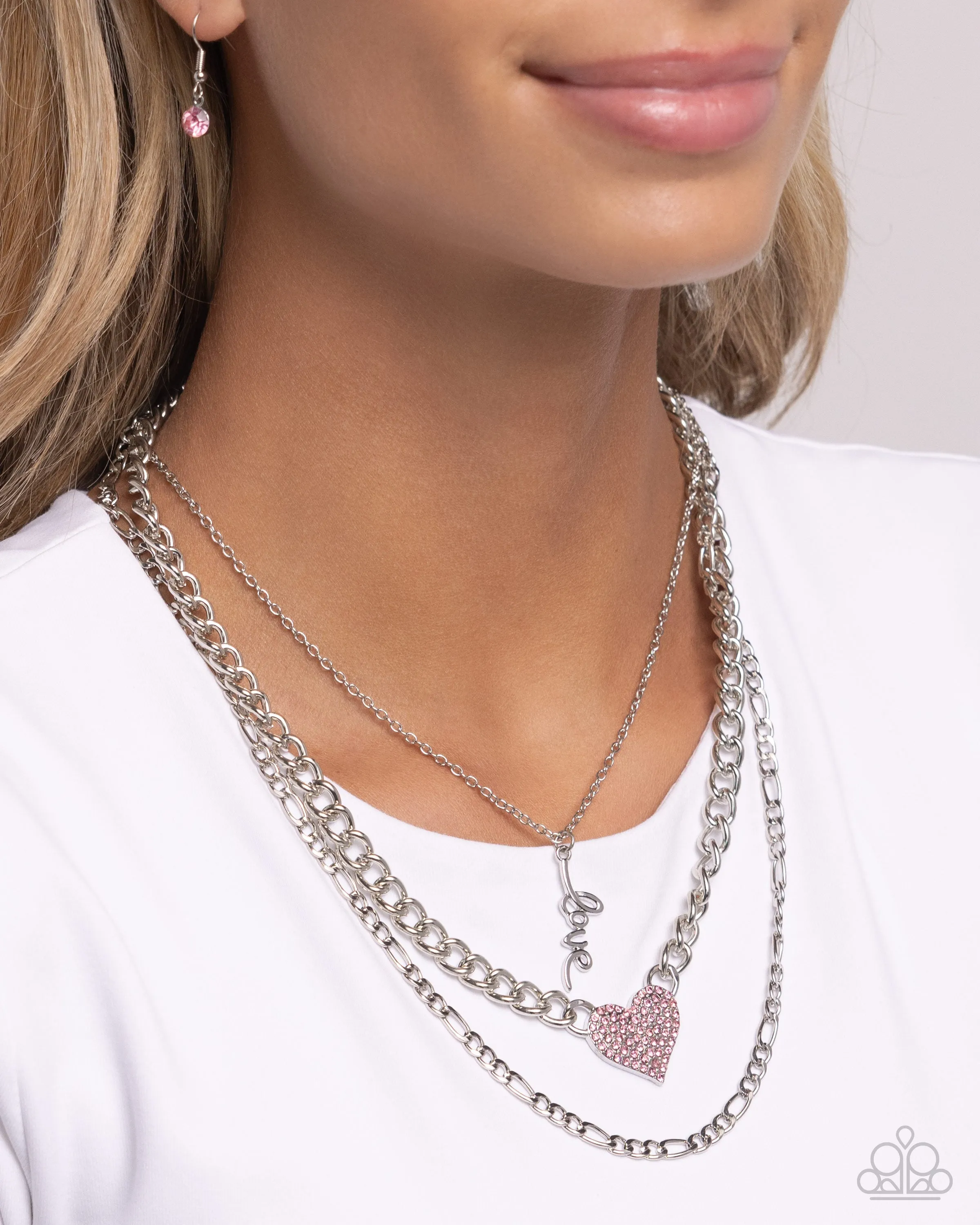Luxurious Love - Pink - Rhinestone Encrusted Heart "Love" Tiered Paparazzi Short Necklace