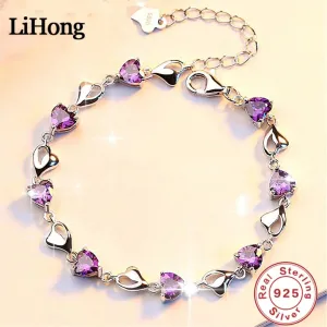 Luxury S925 Sterling Silver Love Bracelet Purple Blue Zircon Crystal for Women Party Engagement Jewelry Gift