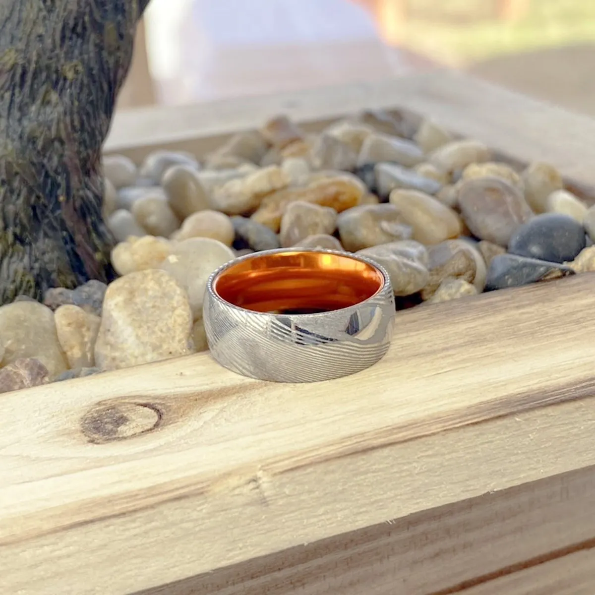 MANDRIN | Orange Ring, Silver Damascus Steel, Domed
