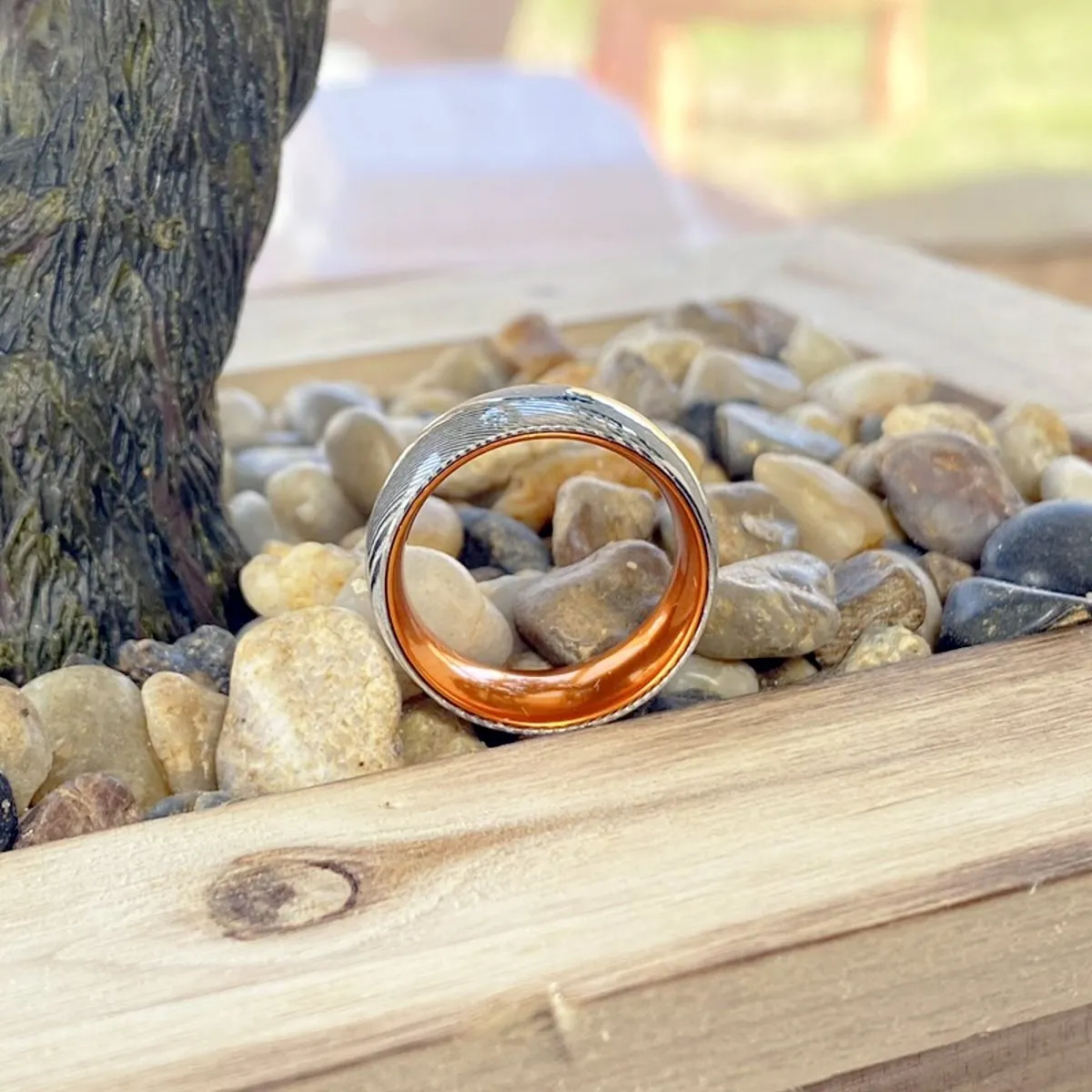 MANDRIN | Orange Ring, Silver Damascus Steel, Domed
