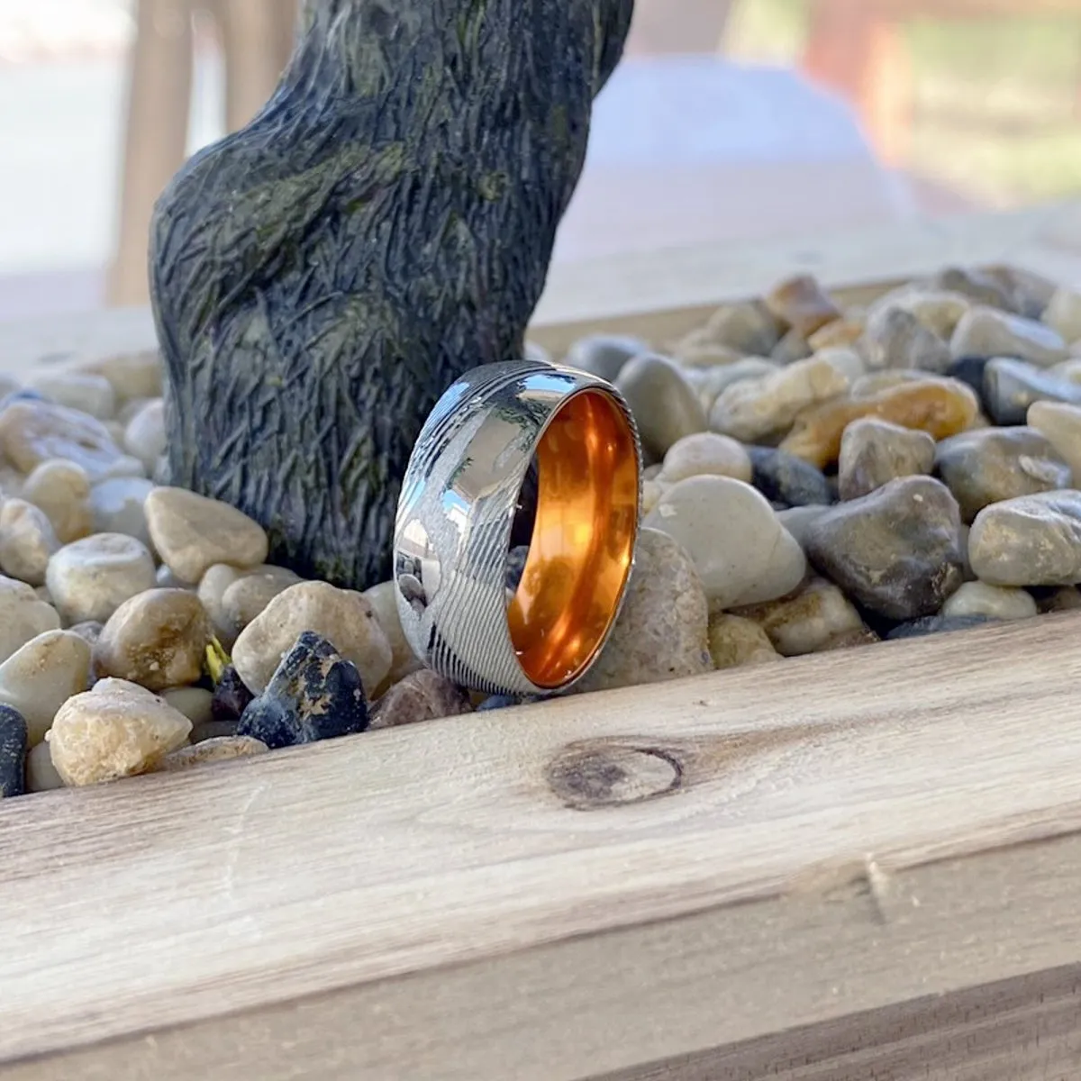 MANDRIN | Orange Ring, Silver Damascus Steel, Domed