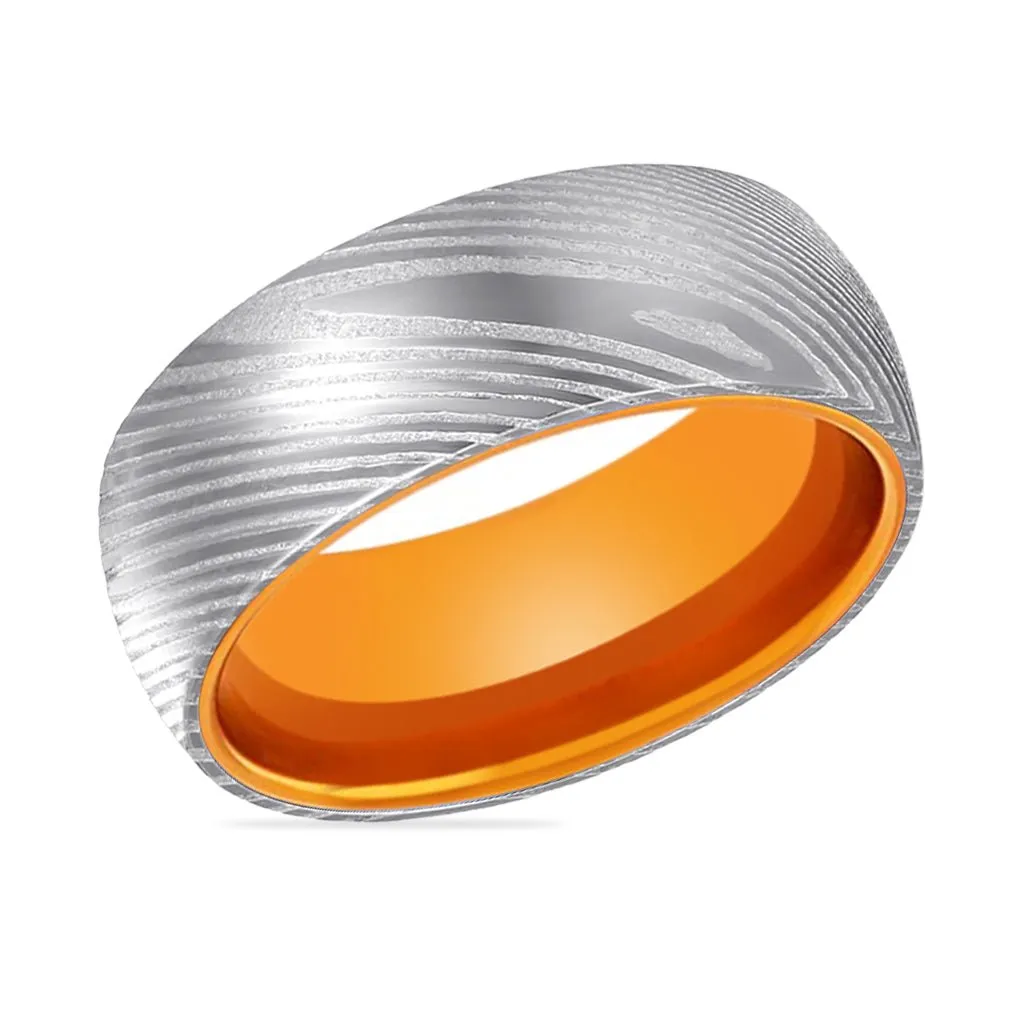 MANDRIN | Orange Ring, Silver Damascus Steel, Domed