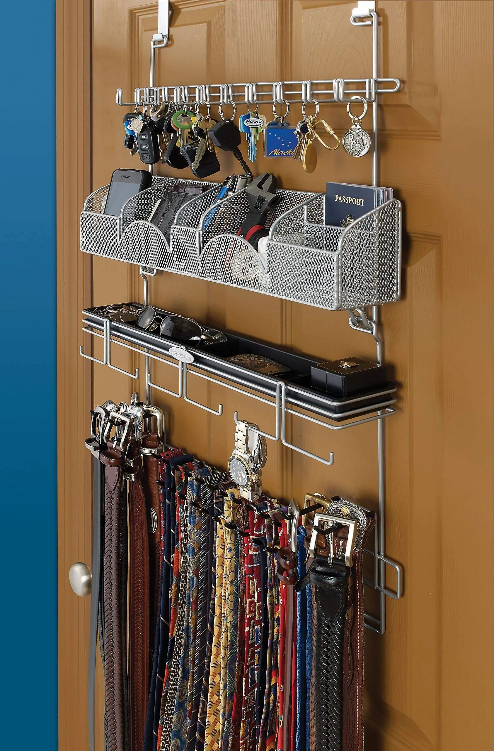 Men's Over the Door/Wall Belt Tie Valet Organizer - SILVER powder coat - High quality men's organizer by Longstem - Patented - Rated Best! Now also in Black #9200