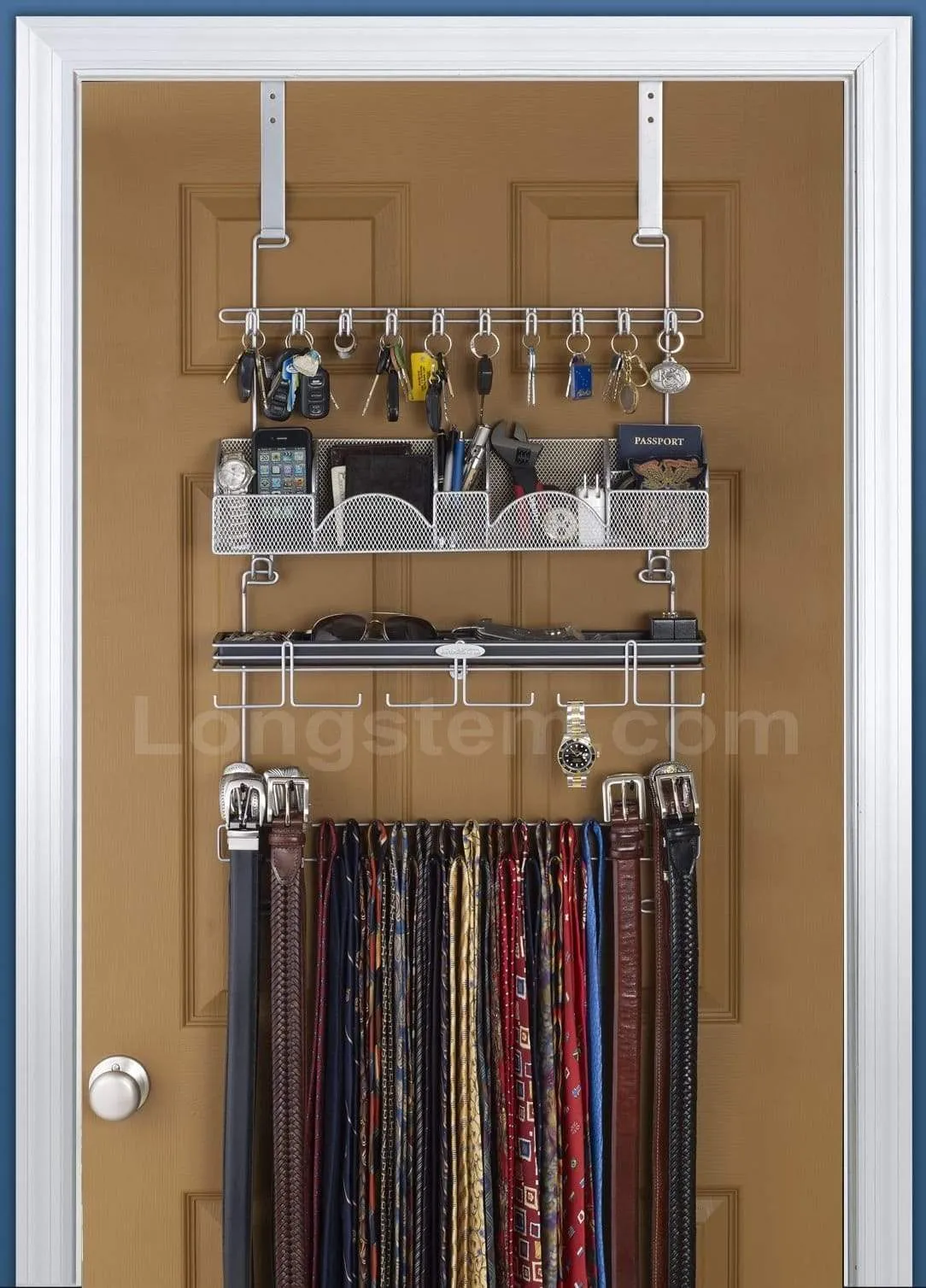Men's Over the Door/Wall Belt Tie Valet Organizer - SILVER powder coat - High quality men's organizer by Longstem - Patented - Rated Best! Now also in Black #9200