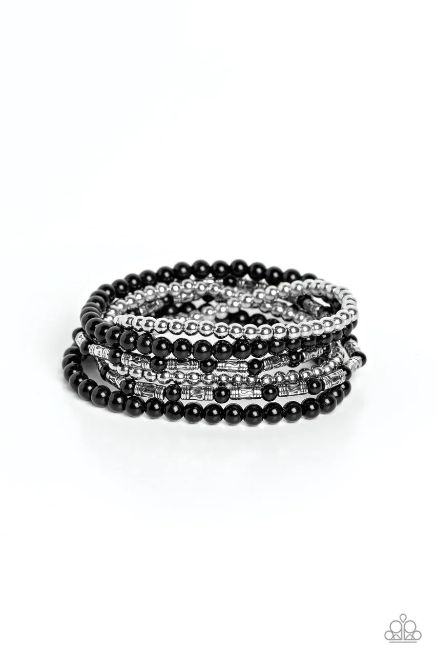 Mythical Magic - Black - and Silver Textured Bead Paparazzi Stretchy Bracelet