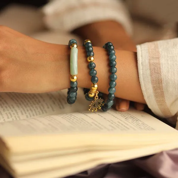 Naomi Eye Bracelets Set - Navy Green Agate