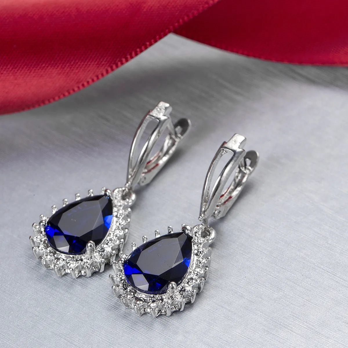 Navy Crystal & Silver-Plated Pear Drop Earrings