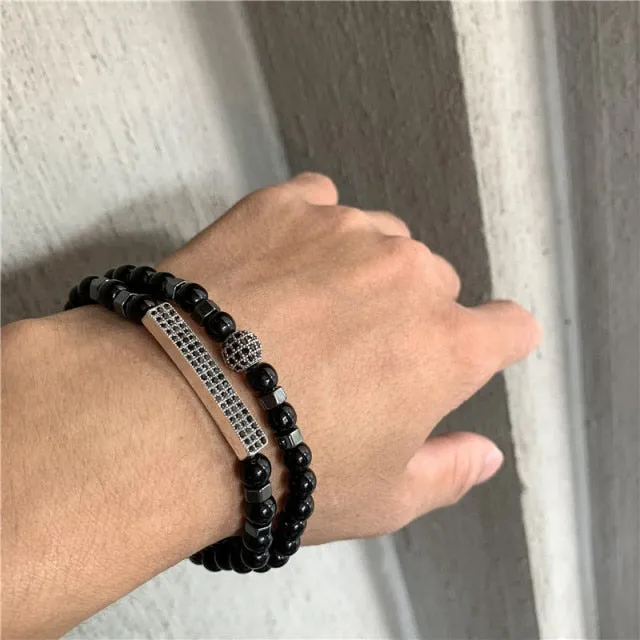 New 3Pc/Sets Micro Pave CZ 8mm Disco Ball &amp; Bar Charms Bracelets Sets 6mm Matte Beads Stone Bracelet Men Women Jewelry bileklik