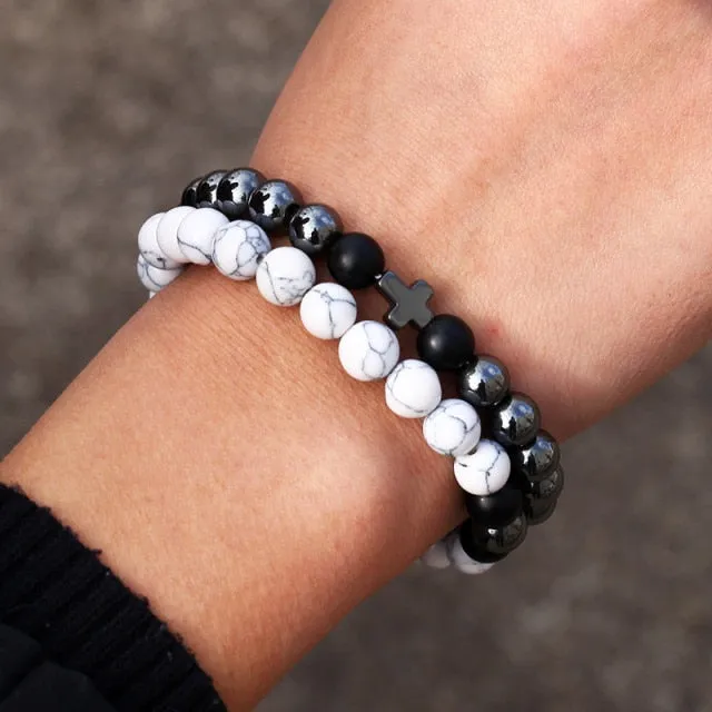 New 3Pc/Sets Micro Pave CZ 8mm Disco Ball &amp; Bar Charms Bracelets Sets 6mm Matte Beads Stone Bracelet Men Women Jewelry bileklik