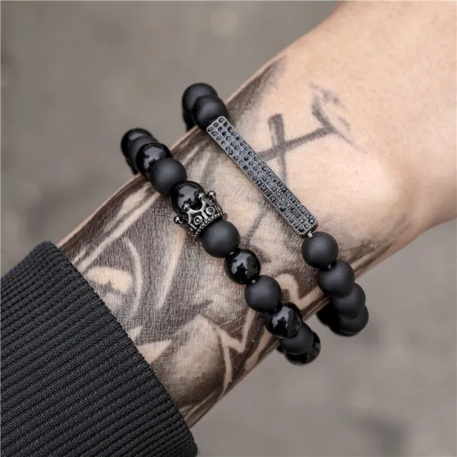 New 3Pc/Sets Micro Pave CZ 8mm Disco Ball &amp; Bar Charms Bracelets Sets 6mm Matte Beads Stone Bracelet Men Women Jewelry bileklik