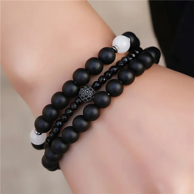 New 3Pc/Sets Micro Pave CZ 8mm Disco Ball &amp; Bar Charms Bracelets Sets 6mm Matte Beads Stone Bracelet Men Women Jewelry bileklik