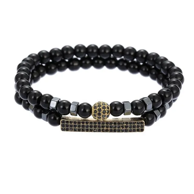 New 3Pc/Sets Micro Pave CZ 8mm Disco Ball &amp; Bar Charms Bracelets Sets 6mm Matte Beads Stone Bracelet Men Women Jewelry bileklik