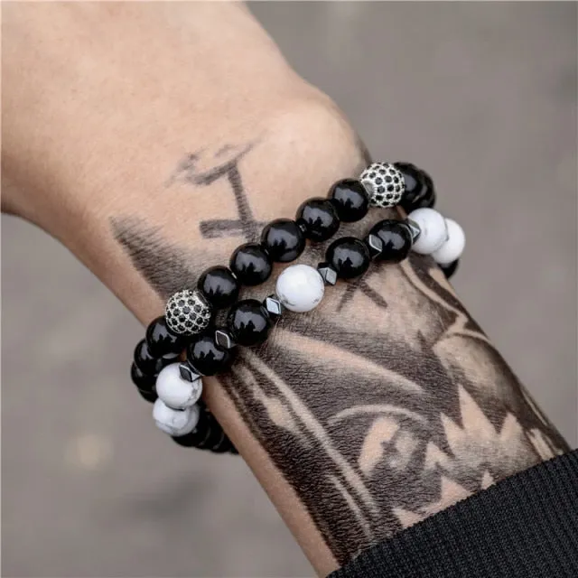 New 3Pc/Sets Micro Pave CZ 8mm Disco Ball &amp; Bar Charms Bracelets Sets 6mm Matte Beads Stone Bracelet Men Women Jewelry bileklik