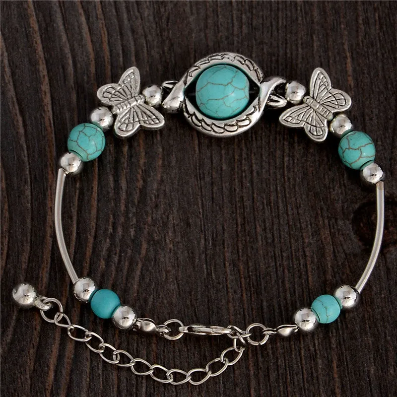 New Tibetan Silver Color Turquoise Bracelets & Bangles Inlay Butterfly Bead Nation Bohemian Bracelets For Women Fine Jewelry