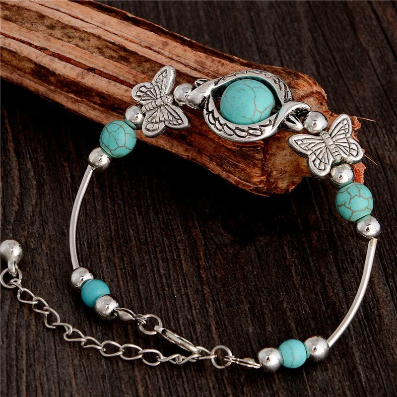 New Tibetan Silver Color Turquoise Bracelets & Bangles Inlay Butterfly Bead Nation Bohemian Bracelets For Women Fine Jewelry