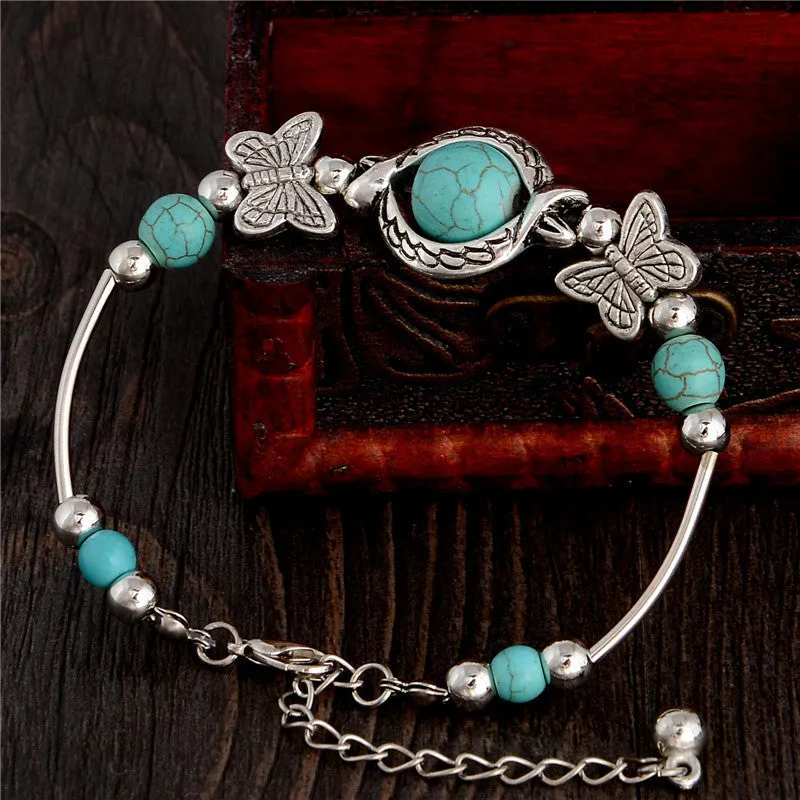 New Tibetan Silver Color Turquoise Bracelets & Bangles Inlay Butterfly Bead Nation Bohemian Bracelets For Women Fine Jewelry