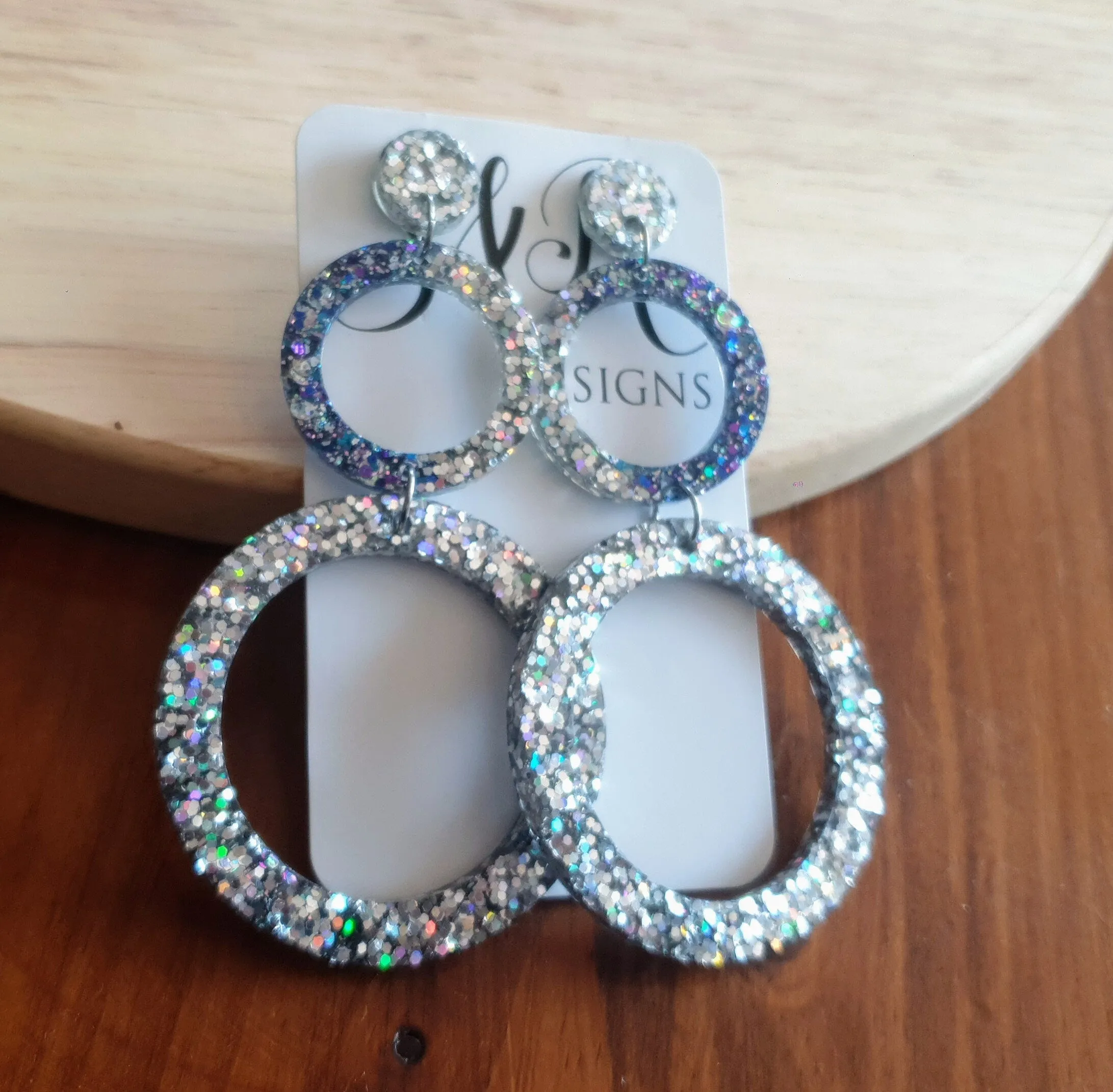 Oversized Circle Dangle Earrings, Silver Holographic and Purple Blue Mix Glitter Extra Long Hoop Dangle Statement Earrings