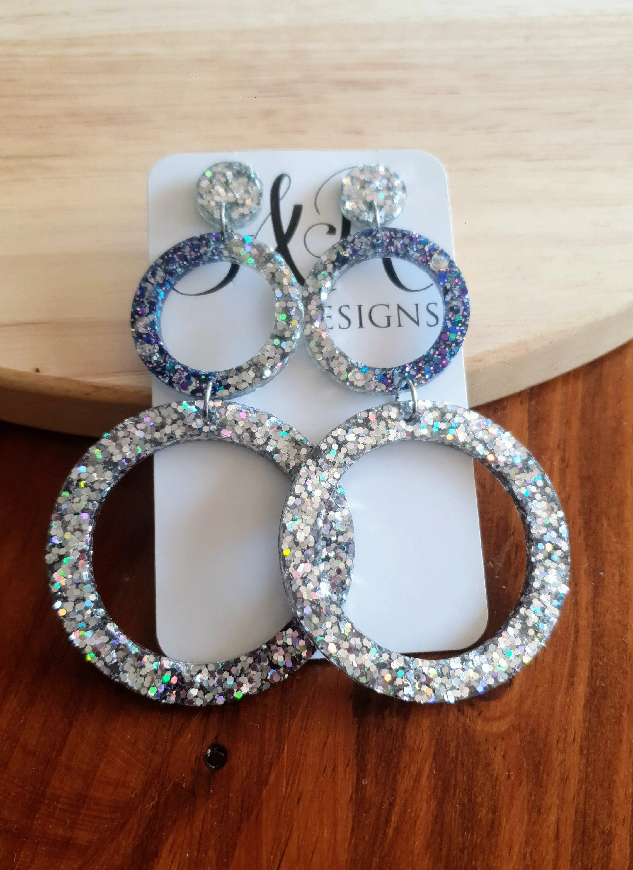 Oversized Circle Dangle Earrings, Silver Holographic and Purple Blue Mix Glitter Extra Long Hoop Dangle Statement Earrings