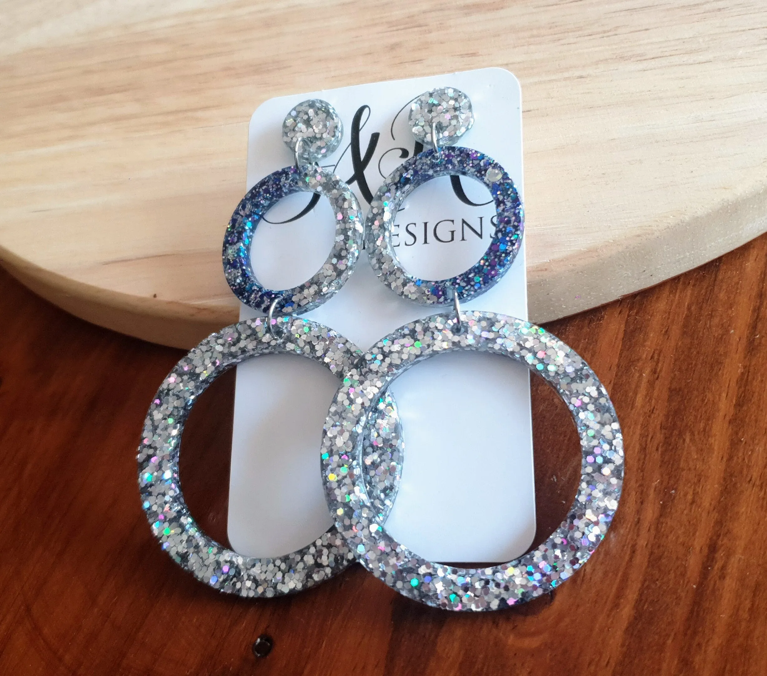 Oversized Circle Dangle Earrings, Silver Holographic and Purple Blue Mix Glitter Extra Long Hoop Dangle Statement Earrings