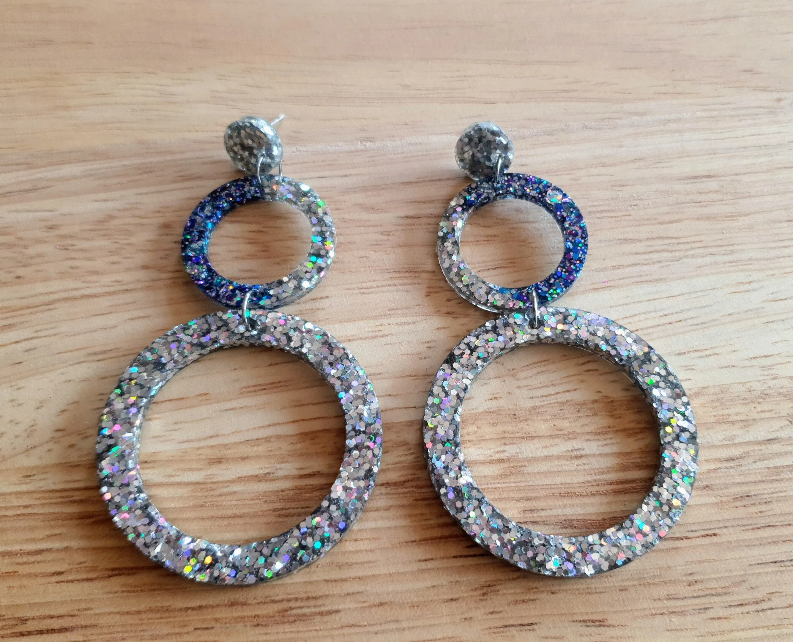Oversized Circle Dangle Earrings, Silver Holographic and Purple Blue Mix Glitter Extra Long Hoop Dangle Statement Earrings
