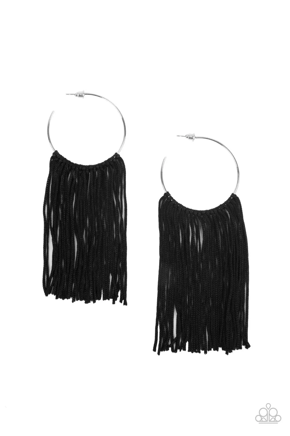 Paparazzi " Flauntable Fringe " Silver Metal & Black Cording Tassel Hoop Earrings