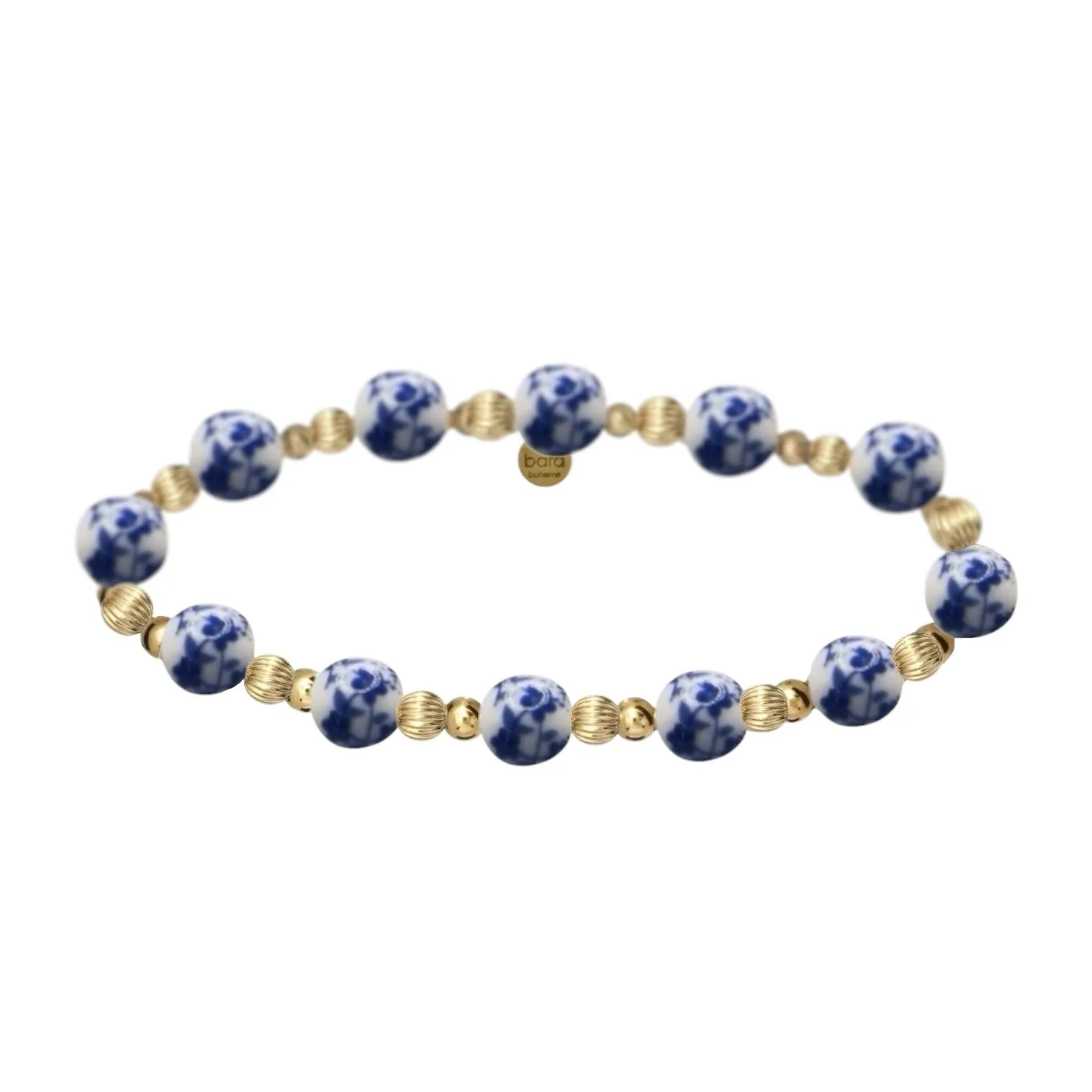 PEACH BLOSSUM | Blue Floral Porcelain with Gold-Filled beads & Pearls Bracelet