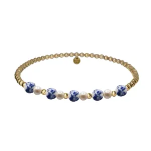 PEONY | Blue Floral Porcelain with Gold-Filled beads & Pearls Bracelet