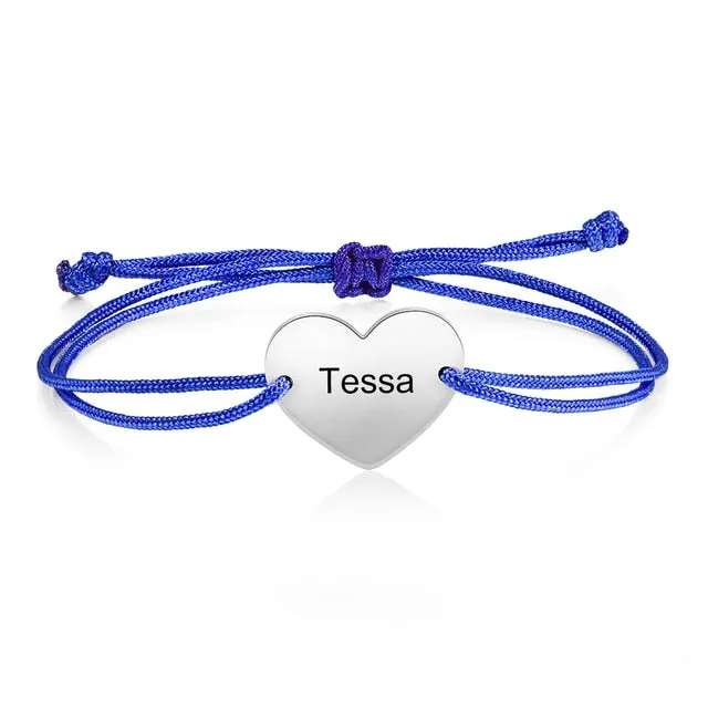 Personalized Engraving Name Couples Bracelet 3 Colors Stainless Steel Heart Adjustable Rope Bracelets for Women Custom Gifts