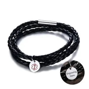 Personalized Medical ID Leather Bracelet - Genuine Black PU Leather Vintage Style Braided Band - Best Gift for Christmas, Birthday, & Anniversary