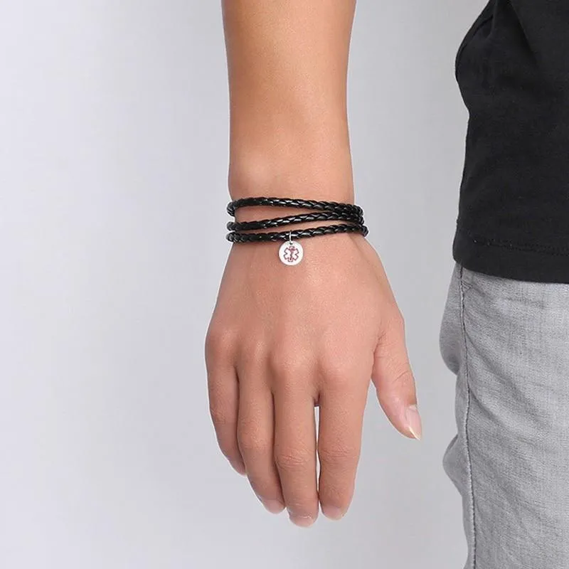 Personalized Medical ID Leather Bracelet - Genuine Black PU Leather Vintage Style Braided Band - Best Gift for Christmas, Birthday, & Anniversary