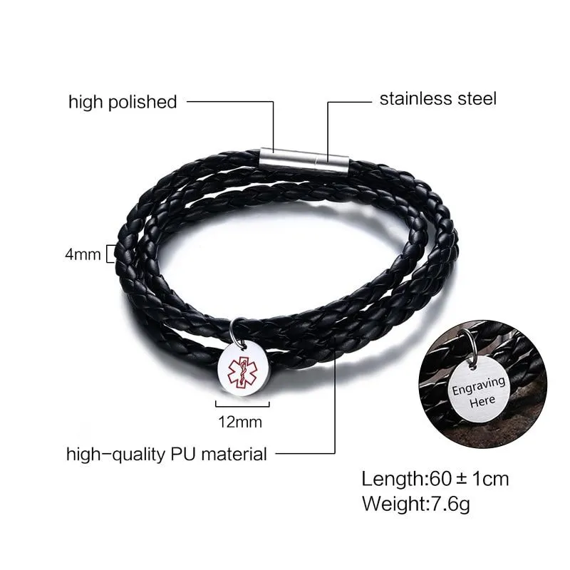Personalized Medical ID Leather Bracelet - Genuine Black PU Leather Vintage Style Braided Band - Best Gift for Christmas, Birthday, & Anniversary