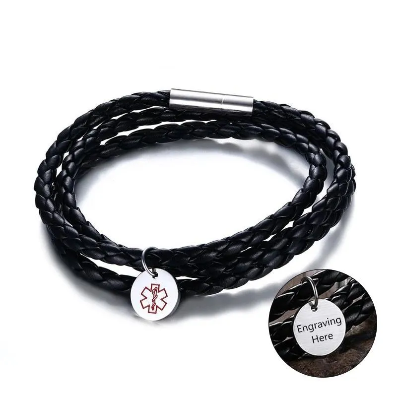 Personalized Medical ID Leather Bracelet - Genuine Black PU Leather Vintage Style Braided Band - Best Gift for Christmas, Birthday, & Anniversary